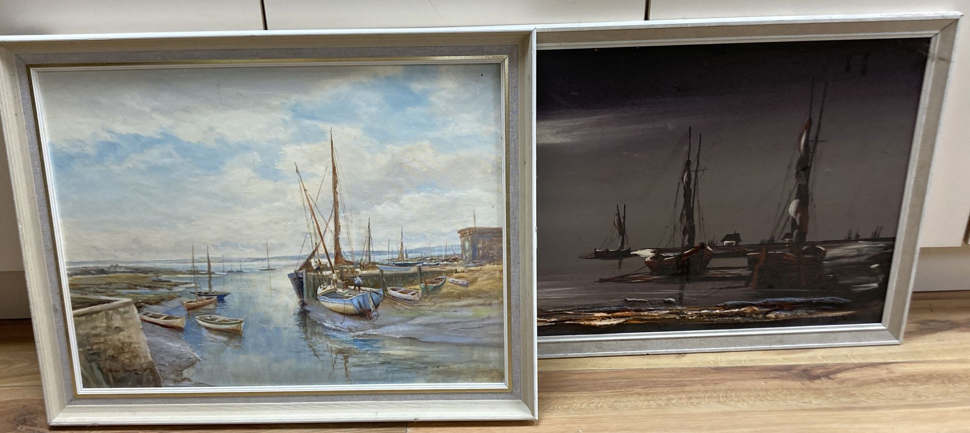 John Brangwyn, oil on board, Keyhaven, signed, 44 x 59cm, together with a 1970s oil, Estuary scene, 44 cx 113cm